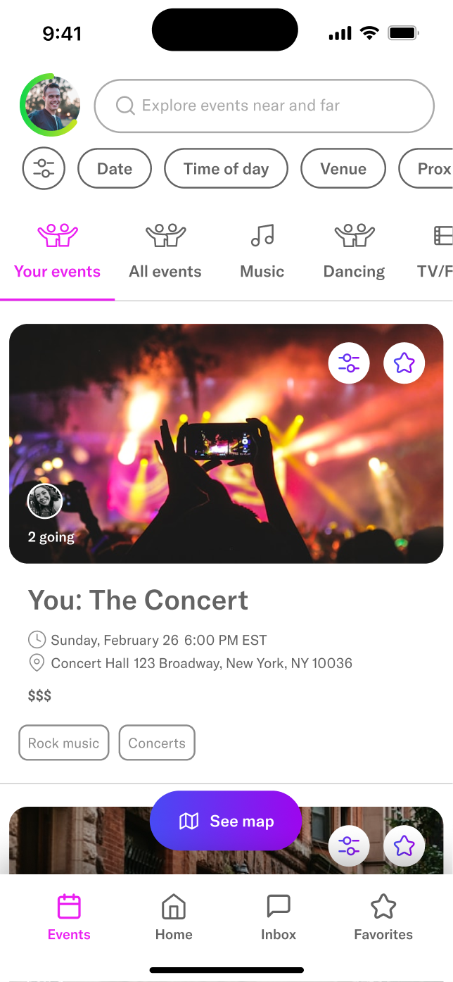 Events screen before usability testing